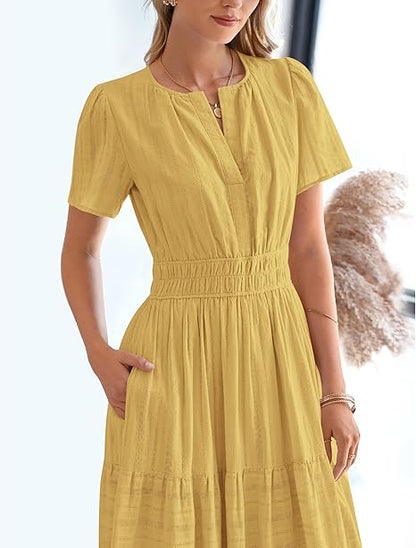 BTFBM Womens Summer 2025 Casual Midi Maxi Dresses Lightweight Short Sleeve V Neck Elastic Waist Boho Beach Dress Pockets